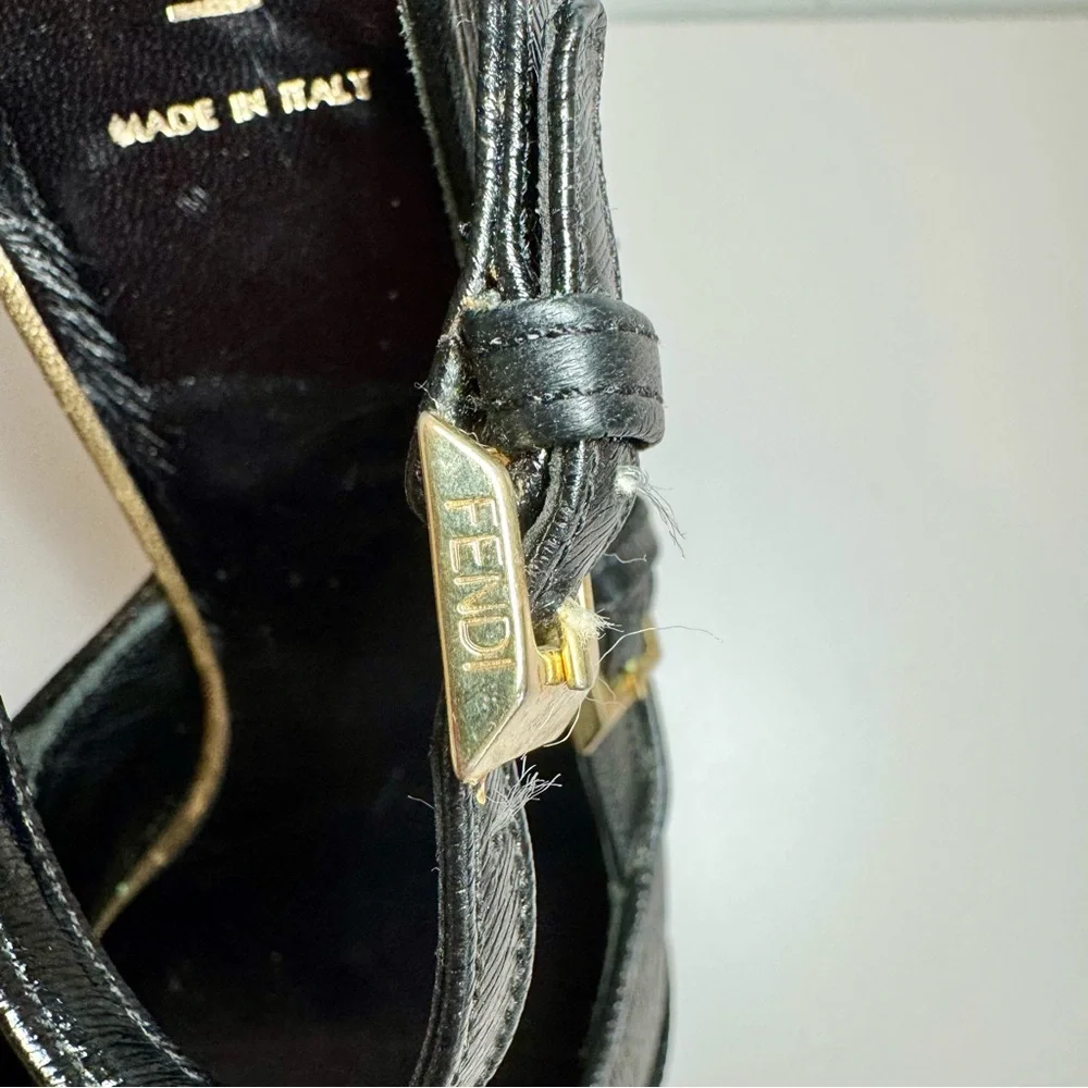 Fendi Black Leather Peep Toe D’Orsay Pumps W Gold Buckle Accents, Size 39